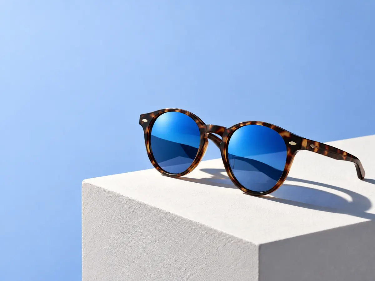 Óculos de sol tartaruga com lentes azuis espelhadas sobre um bloco branco
