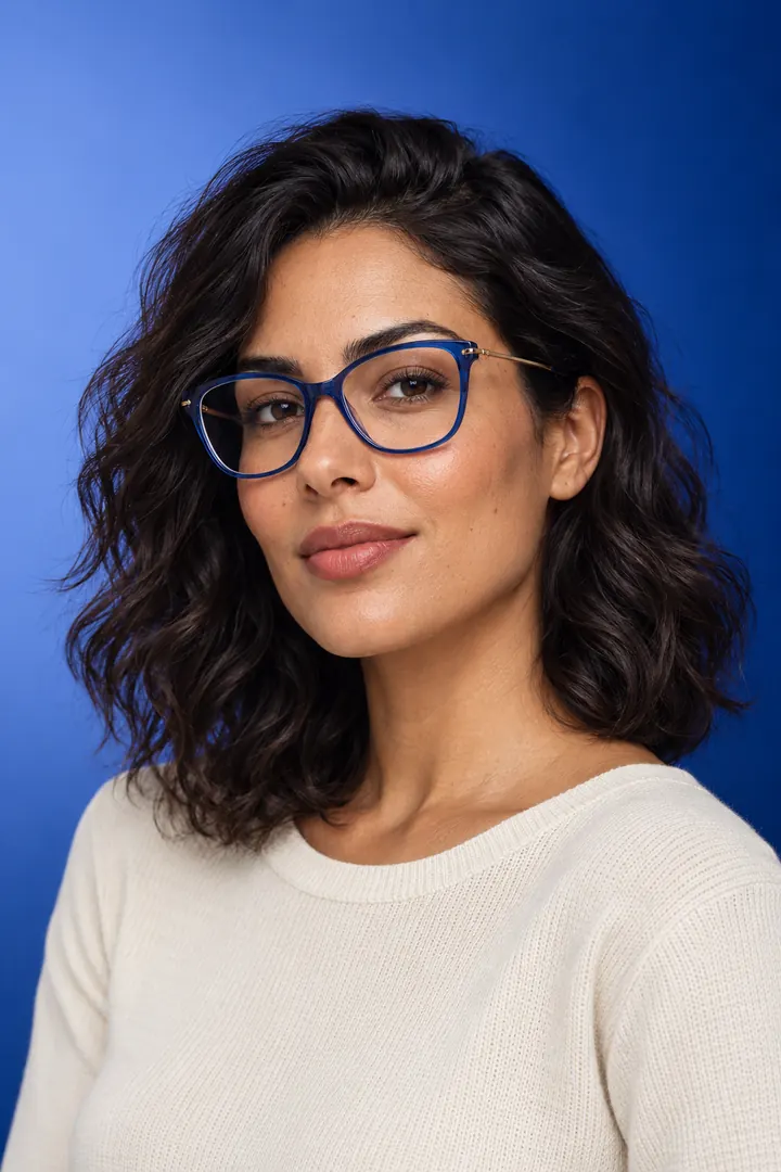 Mulher usando os óculos Safira, de acetato azul translúcido com hastes douradas