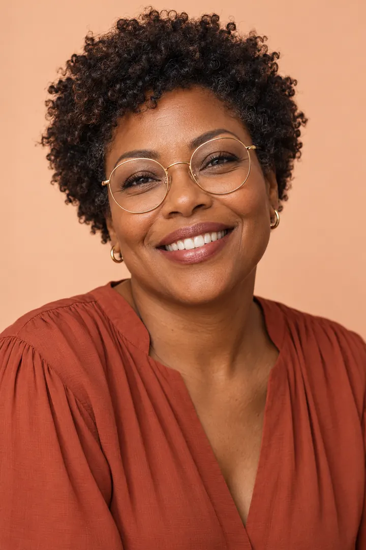 Mulher sorrindo usando os óculos Topázio, de fio dourado